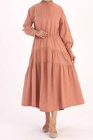 Tesettür giyim PUDRA BELİ BÜZGÜLÜ GİZLİ DÜĞMELİ KATLI ELBİSE 20006 
