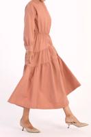 Tesettür giyim PUDRA BELİ BÜZGÜLÜ GİZLİ DÜĞMELİ KATLI ELBİSE 20006 