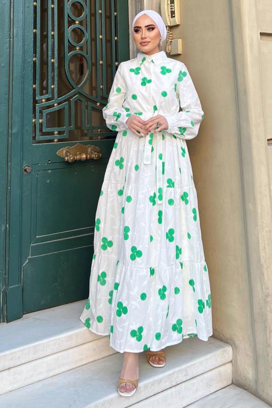 Tesettür giyim BEYAZ NAKIŞLI KUŞAKLI ELBİSE 2137