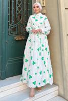 Tesettür giyim BEYAZ NAKIŞLI KUŞAKLI ELBİSE 2137