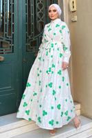 Tesettür giyim BEYAZ NAKIŞLI KUŞAKLI ELBİSE 2137