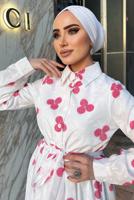 Tesettür giyim BEYAZ NAKIŞLI KUŞAKLI ELBİSE 2137