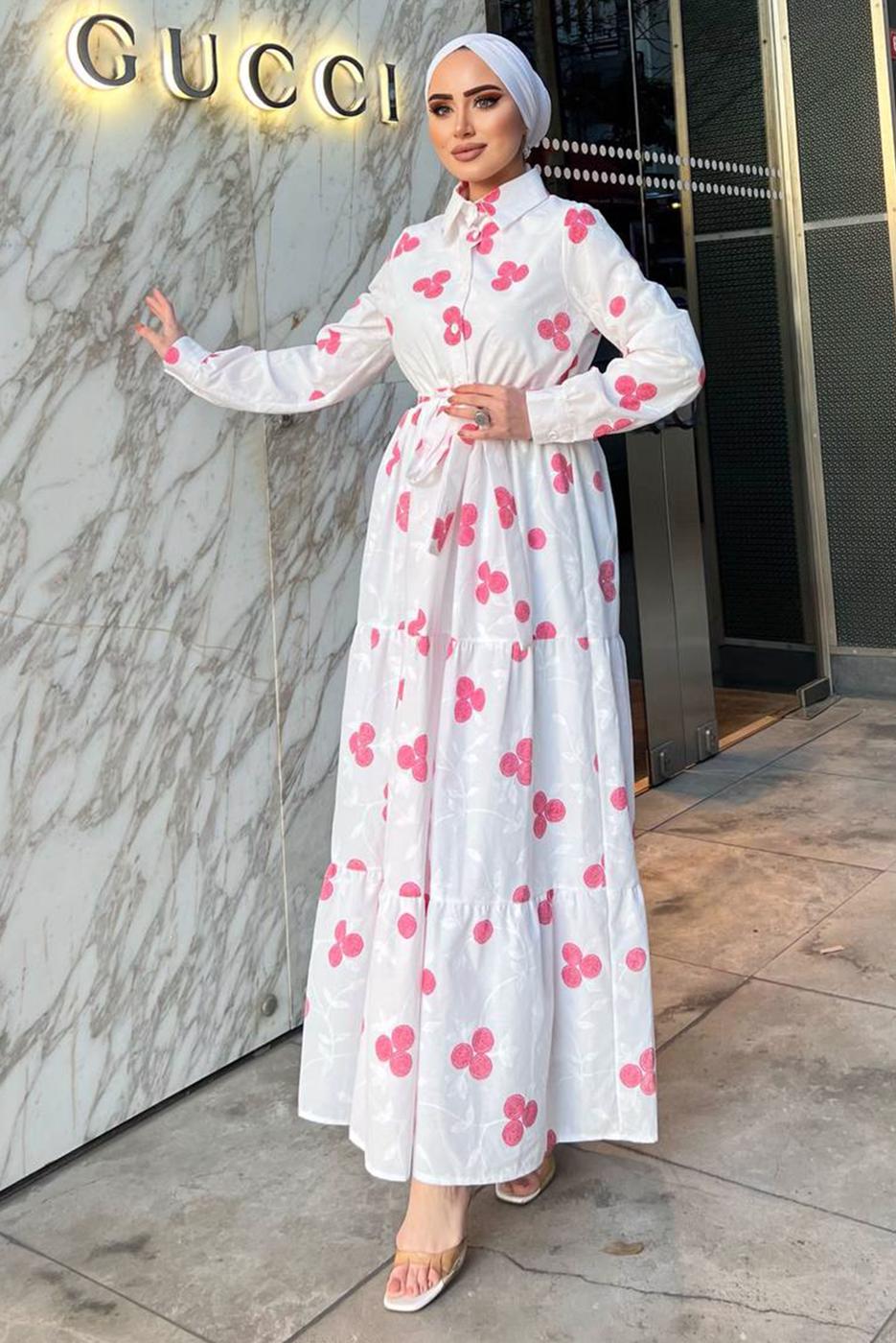 Tesettür giyim BEYAZ NAKIŞLI KUŞAKLI ELBİSE 2137