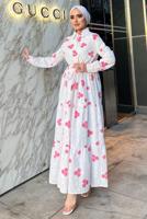 Tesettür giyim BEYAZ NAKIŞLI KUŞAKLI ELBİSE 2137