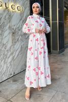 Tesettür giyim BEYAZ NAKIŞLI KUŞAKLI ELBİSE 2137