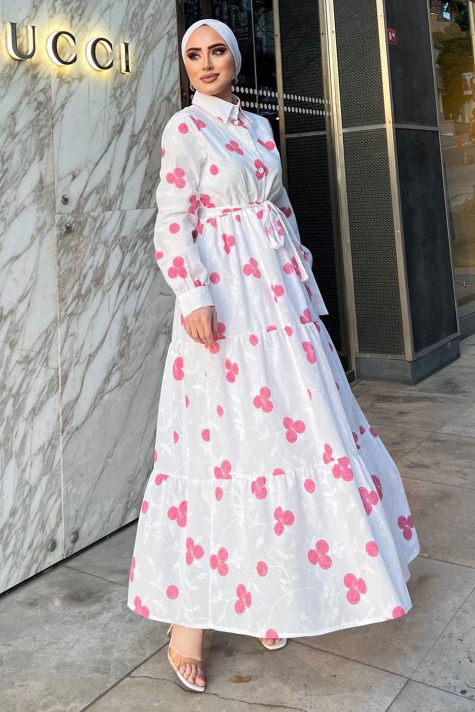 Tesettür giyim BEYAZ NAKIŞLI KUŞAKLI ELBİSE 2137