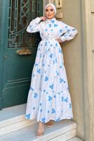 Tesettür giyim BEYAZ NAKIŞLI KUŞAKLI ELBİSE 2137