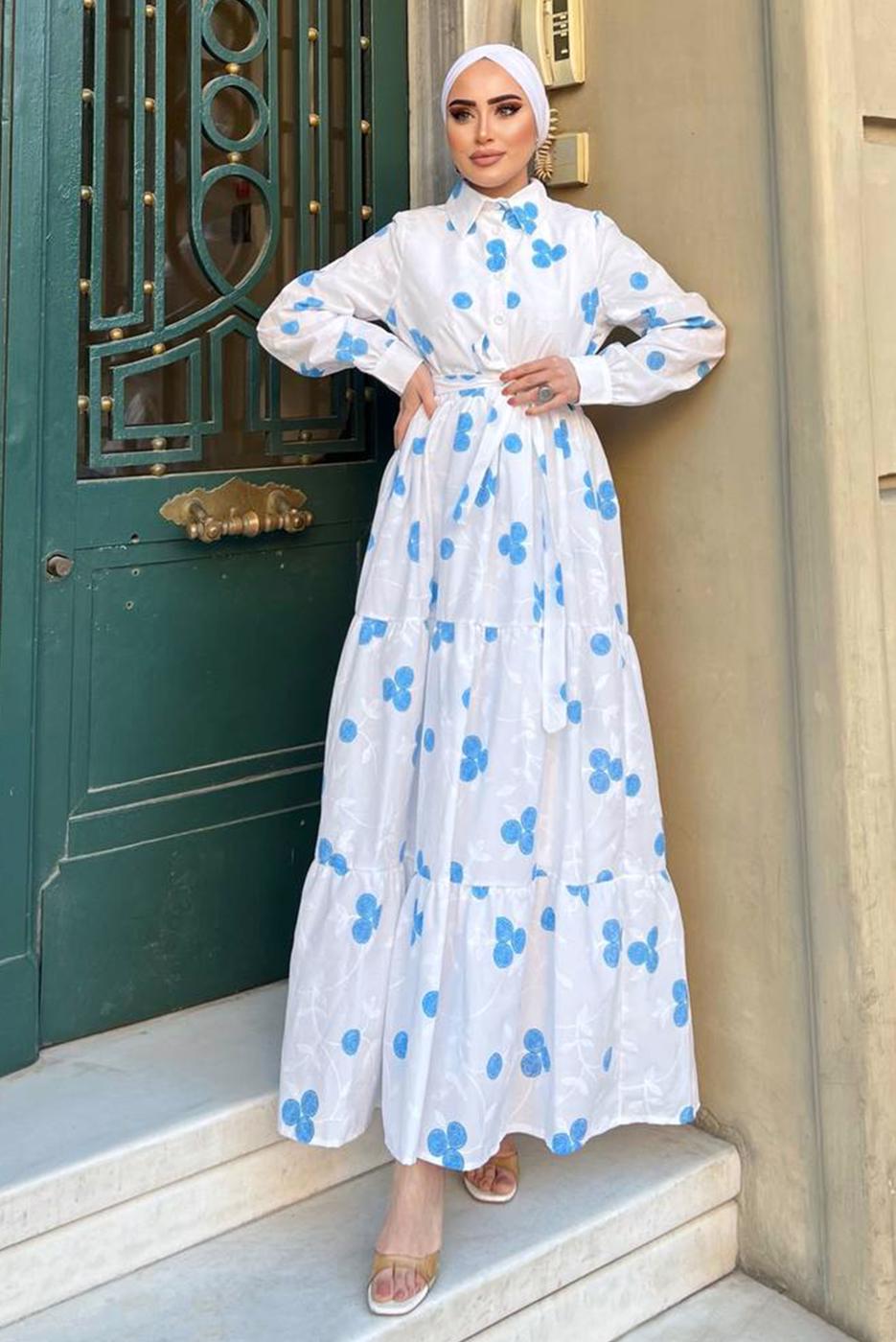 Tesettür giyim BEYAZ NAKIŞLI KUŞAKLI ELBİSE 2137