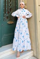 Tesettür giyim BEYAZ NAKIŞLI KUŞAKLI ELBİSE 2137