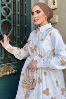 Tesettür giyim BEYAZ NAKIŞLI KUŞAKLI ELBİSE 2137