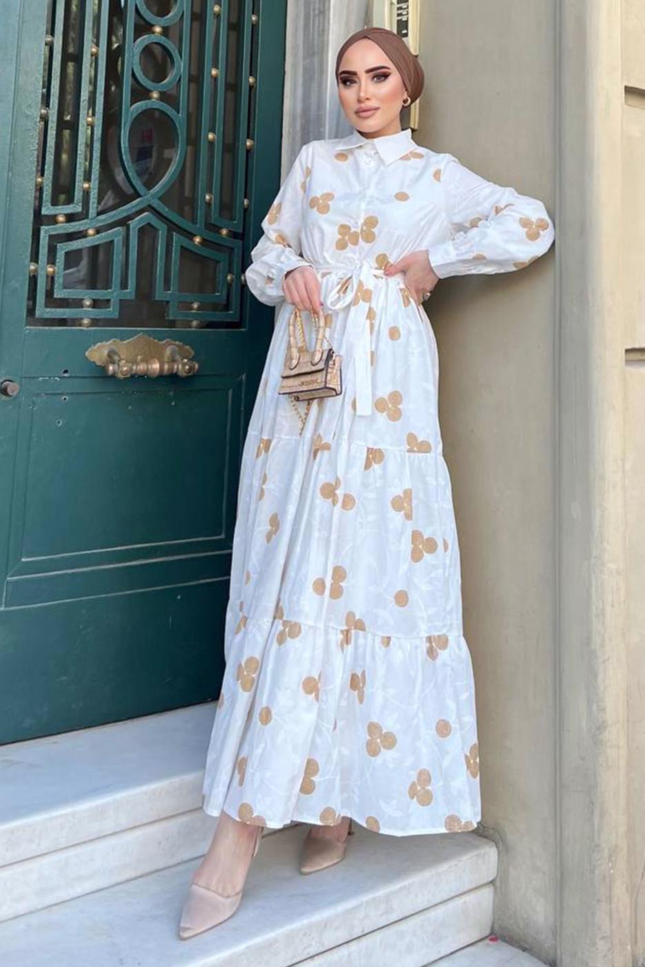 Tesettür giyim BEYAZ NAKIŞLI KUŞAKLI ELBİSE 2137