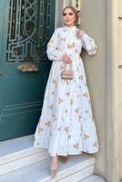 Tesettür giyim BEYAZ NAKIŞLI KUŞAKLI ELBİSE 2137