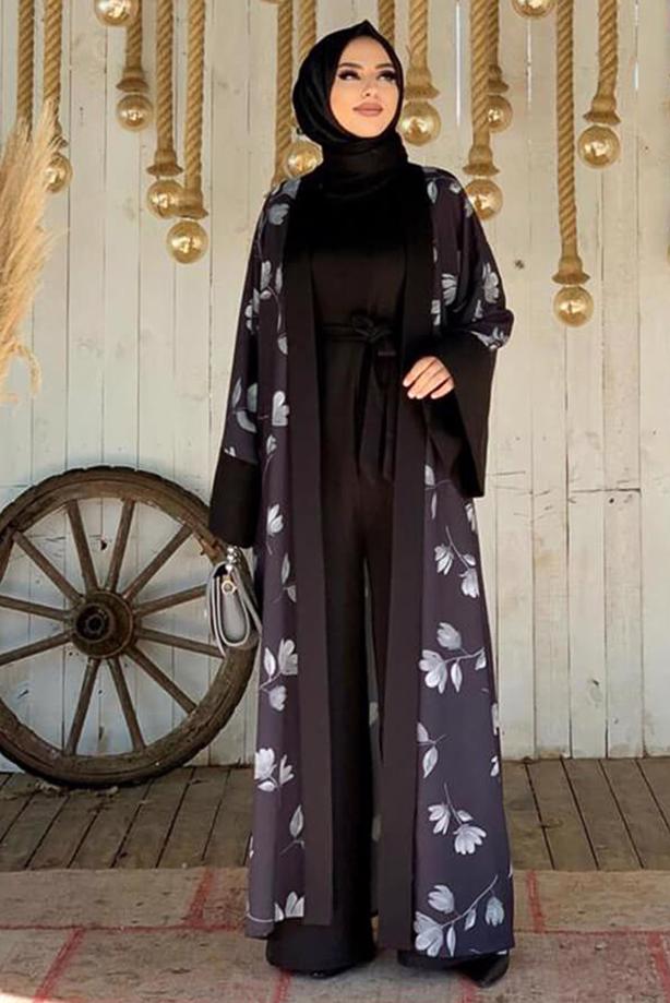 Tesettür giyim SİYAH ÇİÇEK DESENLİ TULUM TAKIM T 2138 - TRENDTESETTÜR