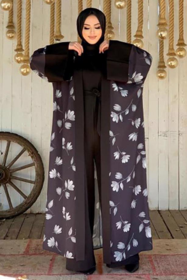 Tesettür giyim SİYAH ÇİÇEK DESENLİ TULUM TAKIM T 2138 - TRENDTESETTÜR