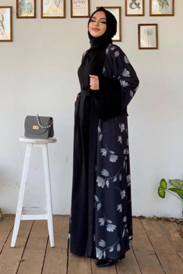 Tesettür giyim SİYAH ÇİÇEK DESENLİ TULUM TAKIM T 2138 - TRENDTESETTÜR