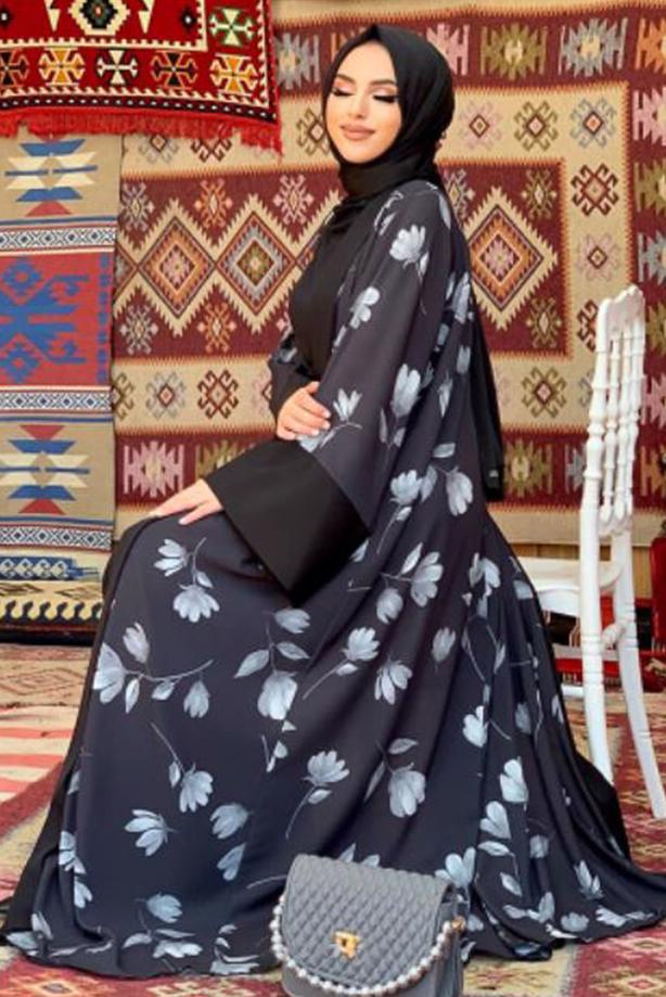 Tesettür giyim SİYAH ÇİÇEK DESENLİ TULUM TAKIM T 2138 - TRENDTESETTÜR