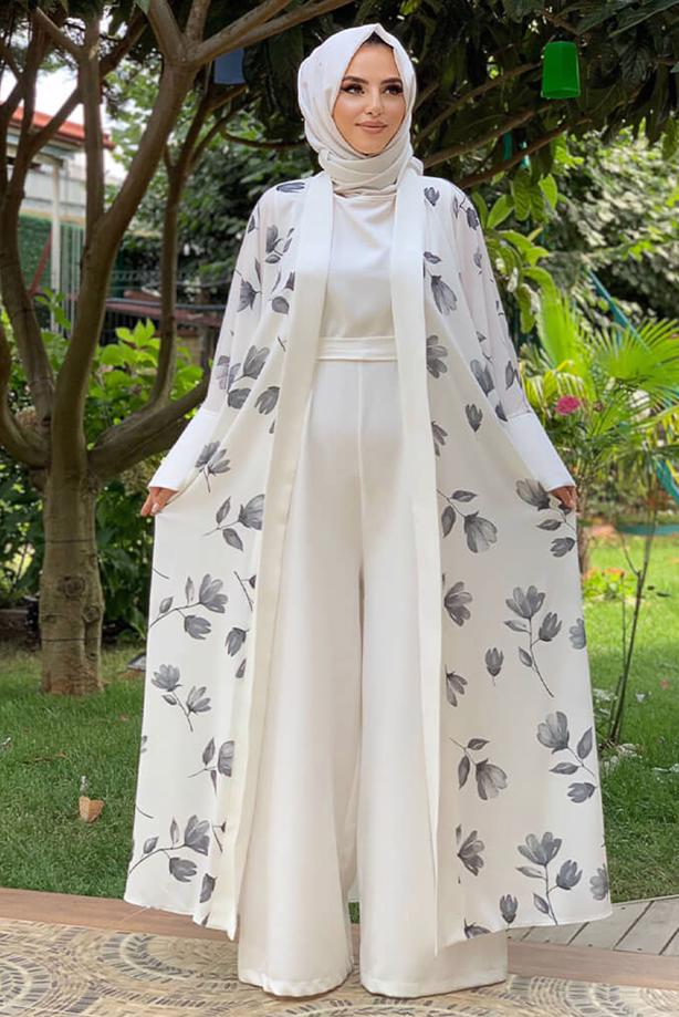 Tesettür giyim BEYAZ ÇİÇEK DESENLİ TULUM TAKIM T 2138 - TRENDTESETTÜR
