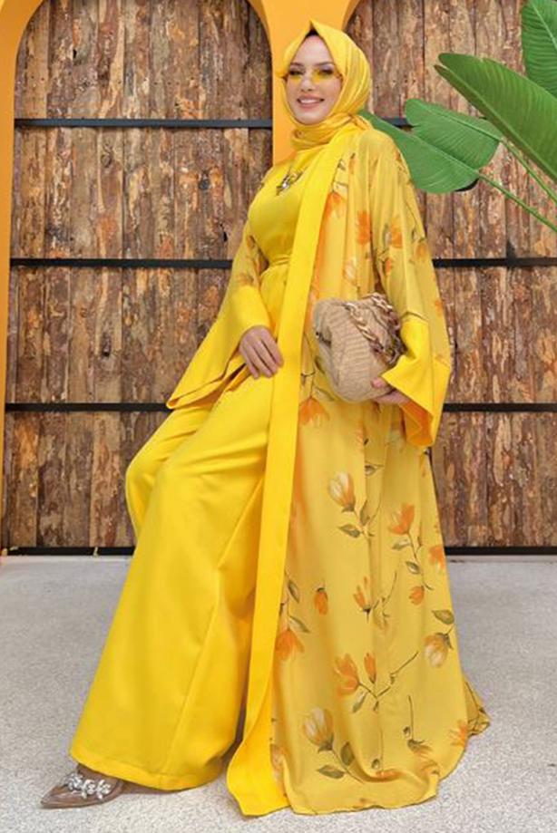 Tesettür giyim SARI ÇİÇEK DESENLİ TULUM TAKIM T 2138 - TRENDTESETTÜR