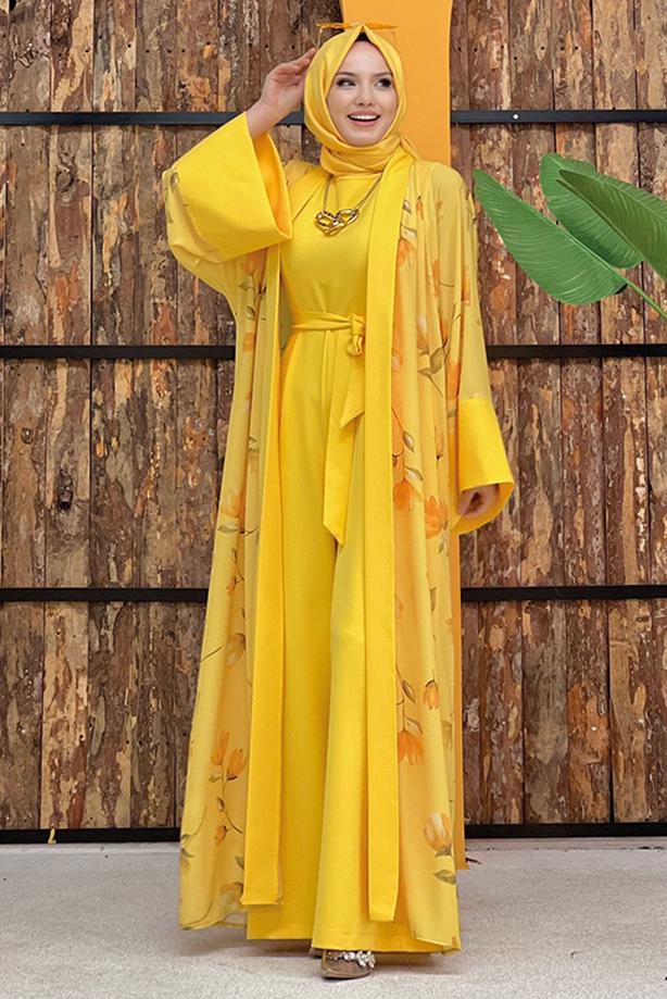 Tesettür giyim SARI ÇİÇEK DESENLİ TULUM TAKIM T 2138 - TRENDTESETTÜR
