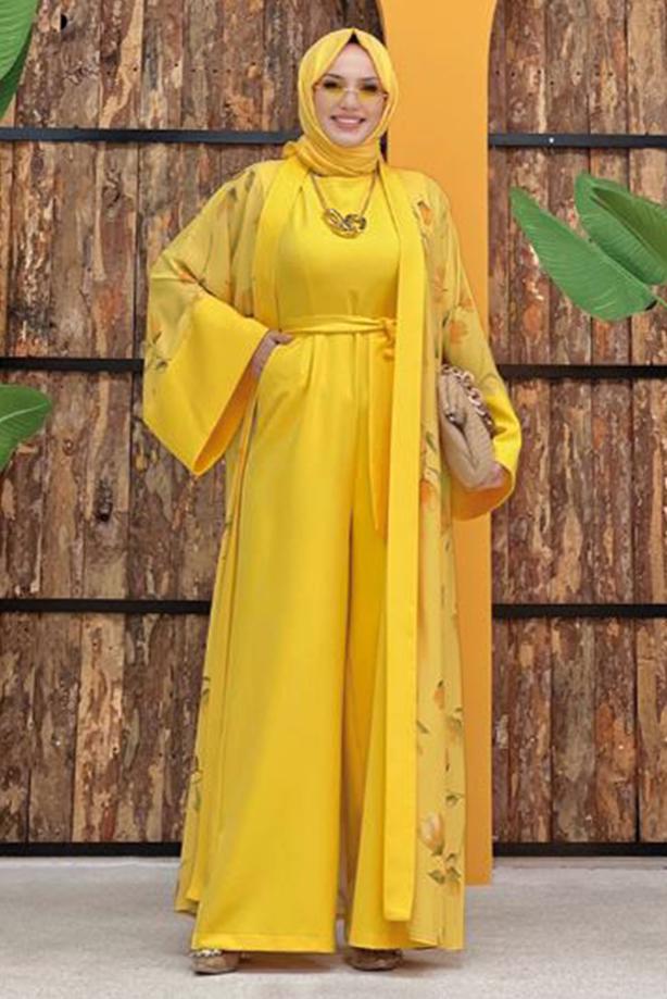 Tesettür giyim SARI ÇİÇEK DESENLİ TULUM TAKIM T 2138 - TRENDTESETTÜR