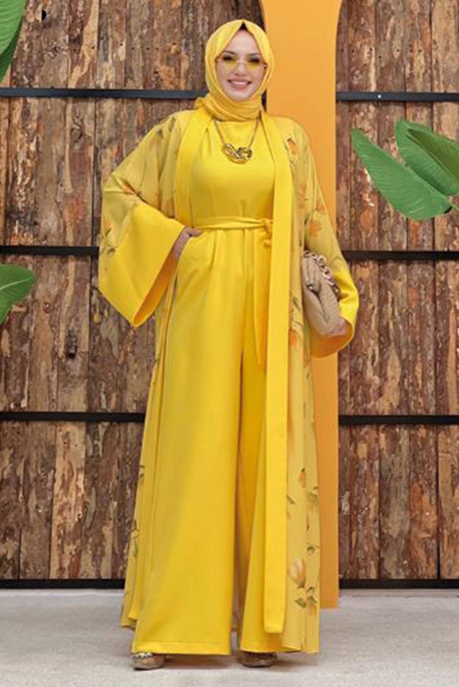 Tesettür giyim SARI ÇİÇEK DESENLİ TULUM TAKIM T 2138