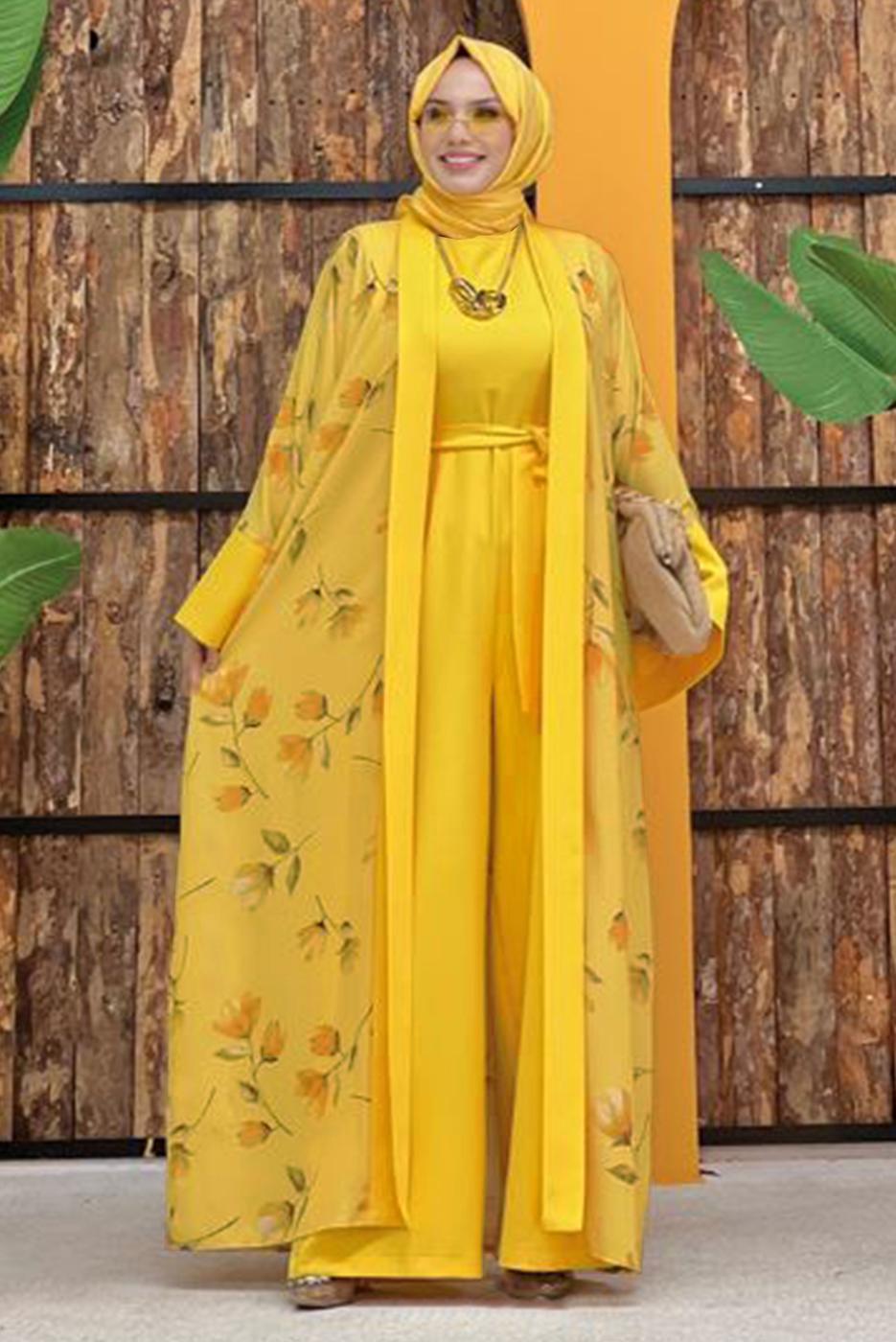 Tesettür giyim SARI ÇİÇEK DESENLİ TULUM TAKIM T 2138