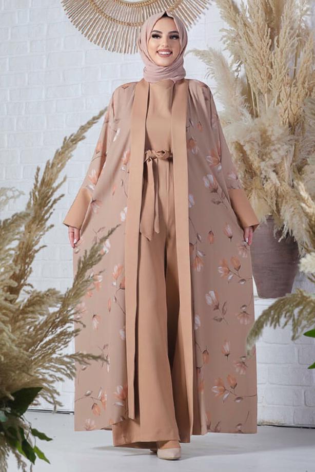 Tesettür giyim KAHVE ÇİÇEK DESENLİ TULUM TAKIM T 2138 - TRENDTESETTÜR