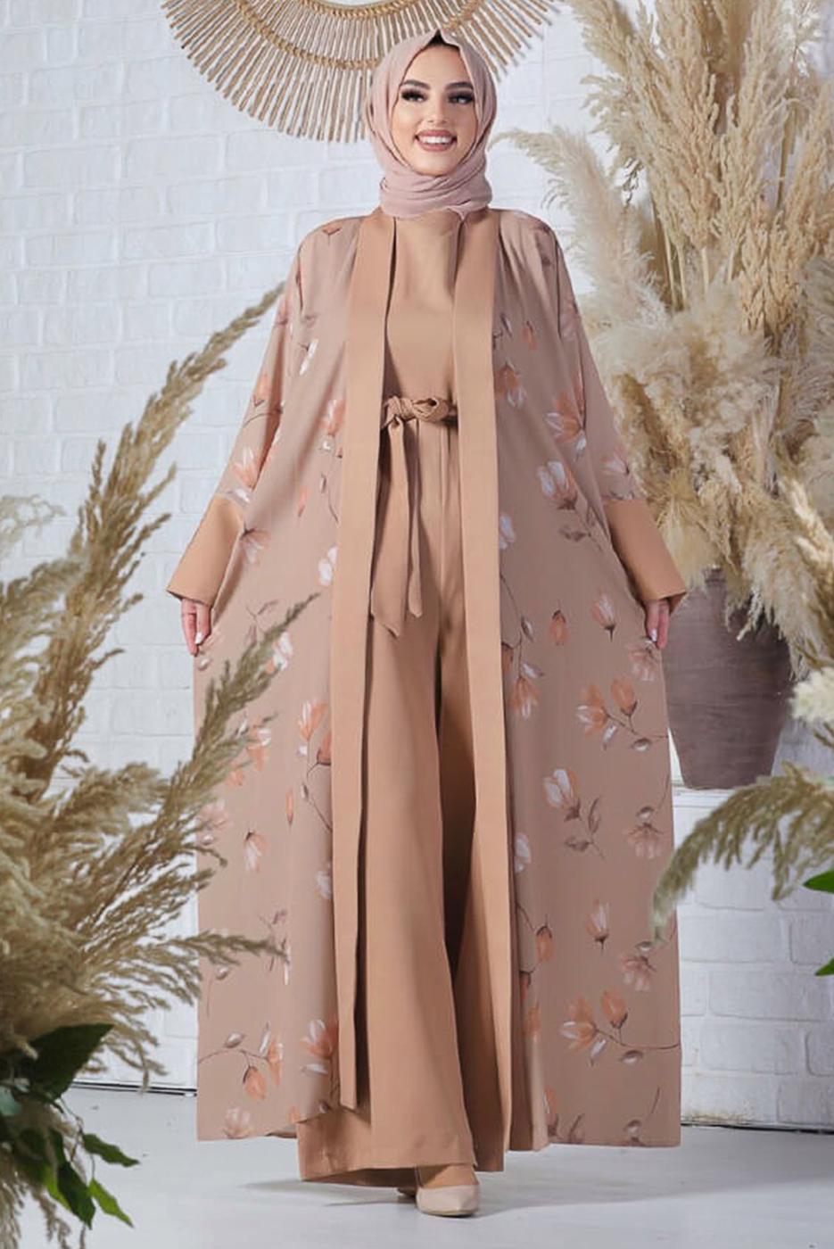 Tesettür giyim KAHVE ÇİÇEK DESENLİ TULUM TAKIM T 2138