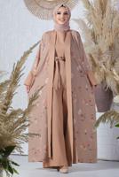 Tesettür giyim KAHVE ÇİÇEK DESENLİ TULUM TAKIM T 2138