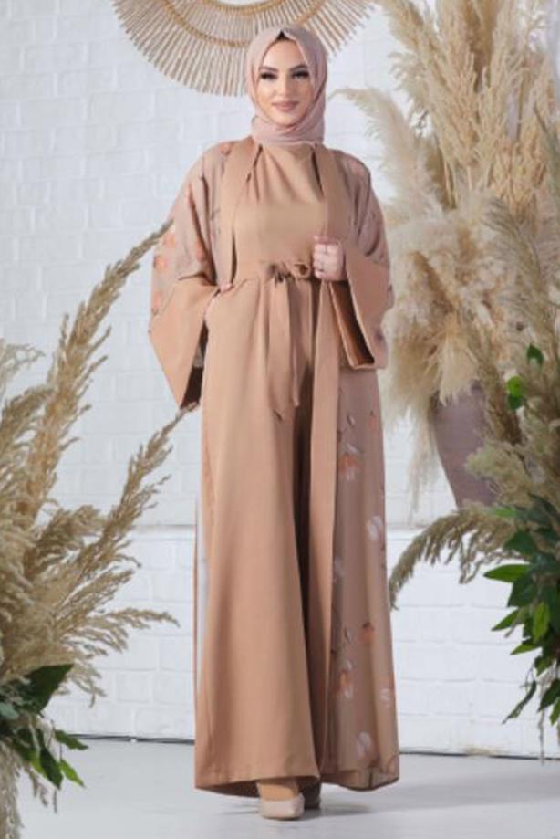 Tesettür giyim KAHVE ÇİÇEK DESENLİ TULUM TAKIM T 2138 - TRENDTESETTÜR