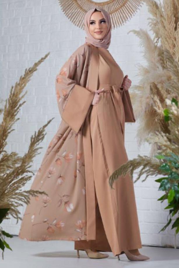Tesettür giyim KAHVE ÇİÇEK DESENLİ TULUM TAKIM T 2138 - TRENDTESETTÜR
