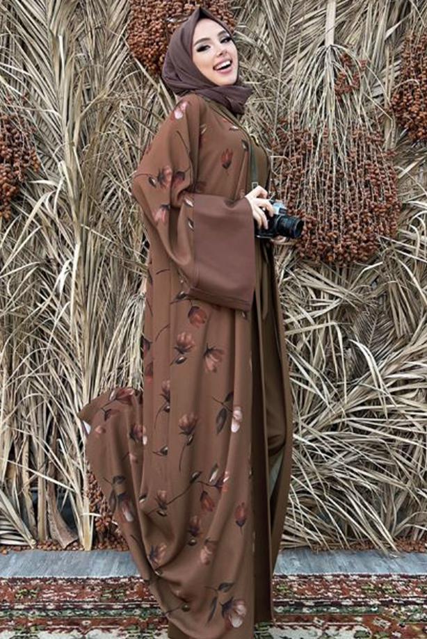 Tesettür giyim KAHVE ÇİÇEK DESENLİ TULUM TAKIM T 2138 - TRENDTESETTÜR