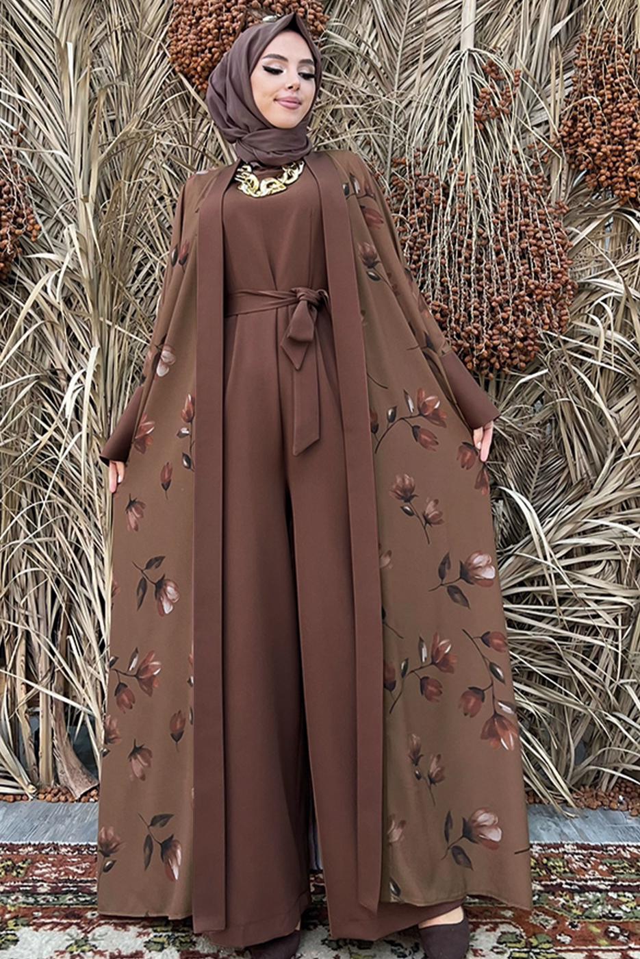 Vêtements hijab BRUN COSTUME SALOPETTE MOTIF FLORAL T 2138