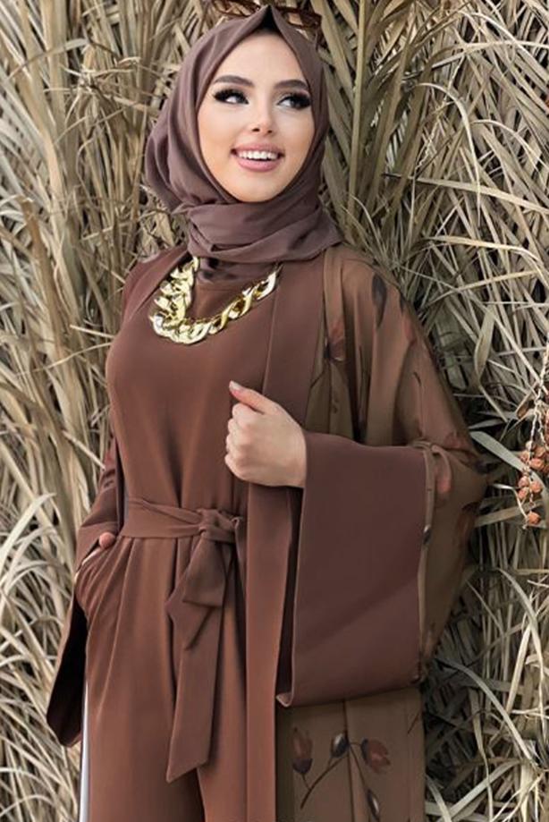 Tesettür giyim KAHVE ÇİÇEK DESENLİ TULUM TAKIM T 2138 - TRENDTESETTÜR