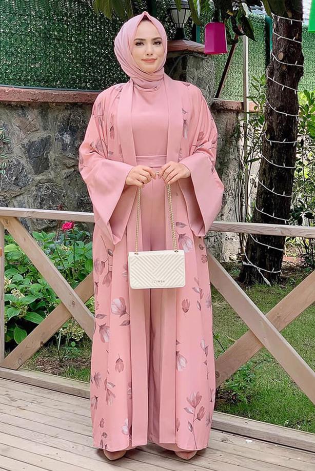Hijab clothing POWDER FLORAL PATTERN OVERALLS SUIT T 2138 - TRENDTESETTÜR