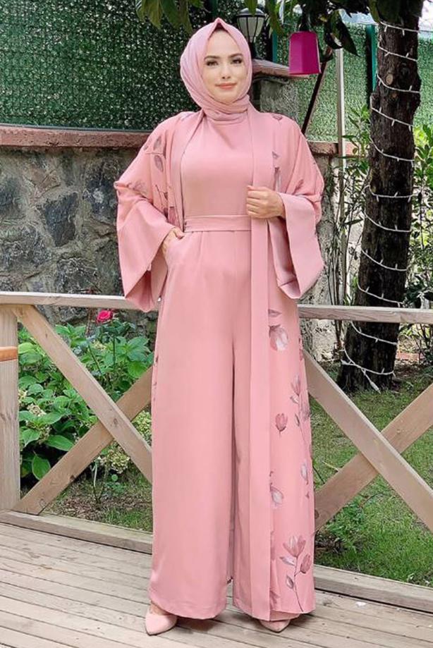Hijab clothing POWDER FLORAL PATTERN OVERALLS SUIT T 2138 - TRENDTESETTÜR