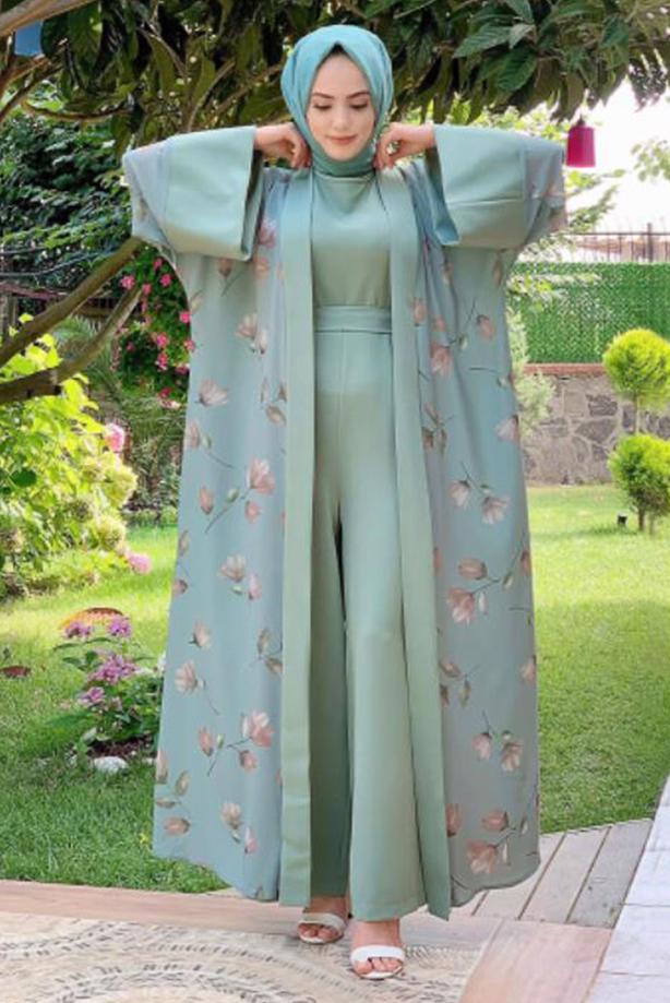 Tesettür giyim YEŞİL ÇİÇEK DESENLİ TULUM TAKIM T 2138 - TRENDTESETTÜR
