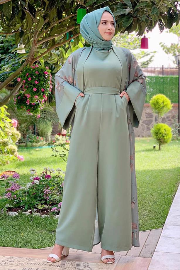 Tesettür giyim YEŞİL ÇİÇEK DESENLİ TULUM TAKIM T 2138 - TRENDTESETTÜR