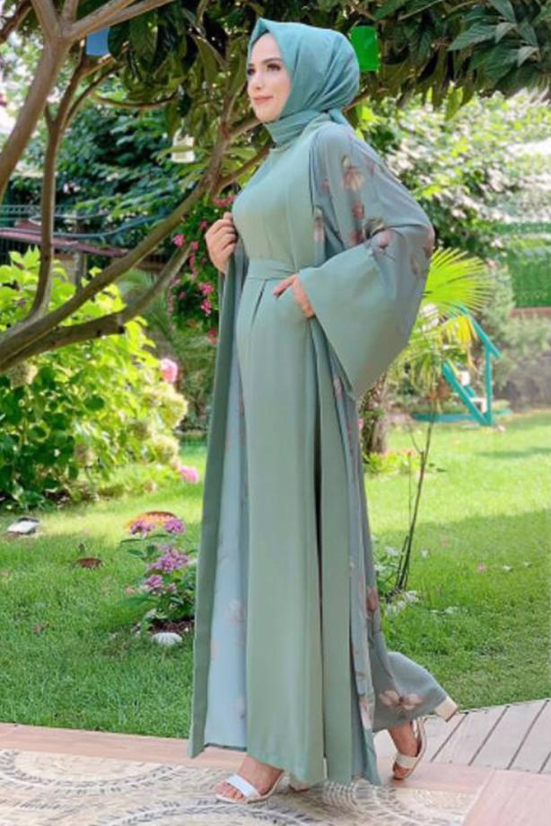 Tesettür giyim YEŞİL ÇİÇEK DESENLİ TULUM TAKIM T 2138 - TRENDTESETTÜR