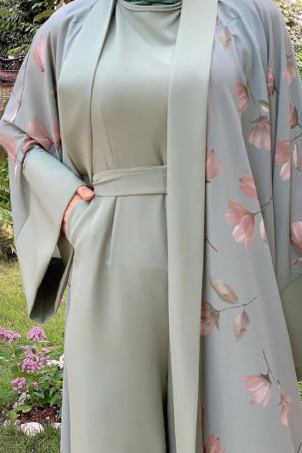 Tesettür giyim YEŞİL ÇİÇEK DESENLİ TULUM TAKIM T 2138 - TRENDTESETTÜR