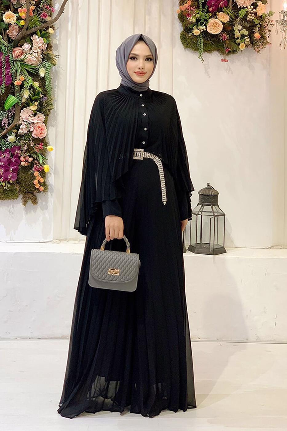 Tesettür giyim SİYAH PİLİSELİ YARASA KOL TULUM 2153 