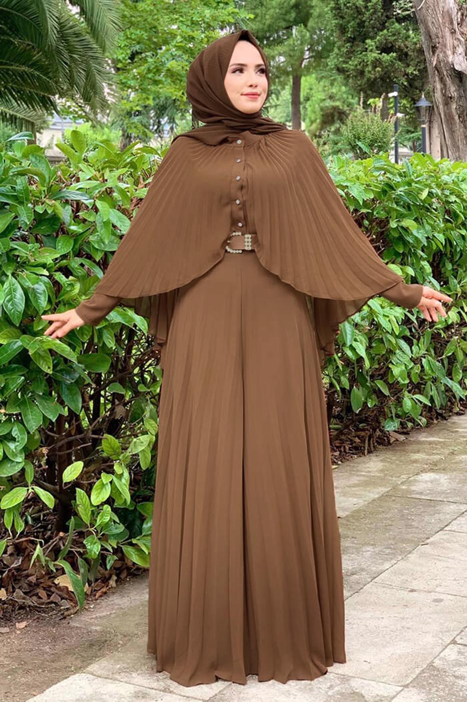 Tesettür giyim KAHVE PİLİSELİ YARASA KOL TULUM 2153 