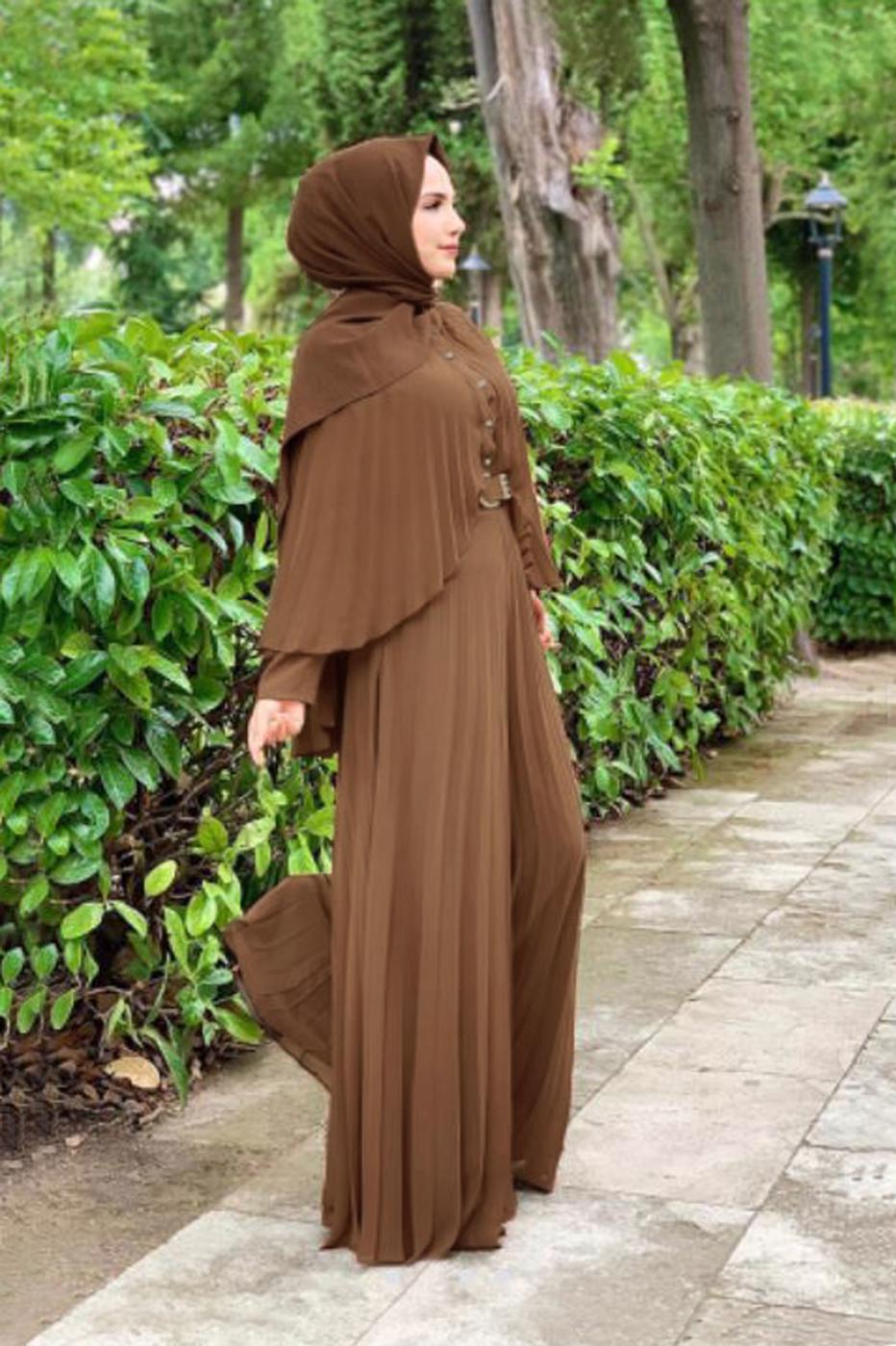 Tesettür giyim KAHVE PİLİSELİ YARASA KOL TULUM 2153 