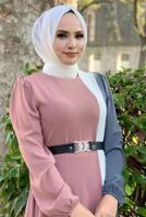 Tesettür giyim GRİ ÜÇ RENKLİ PİLİSELİ ELBİSE T 2263