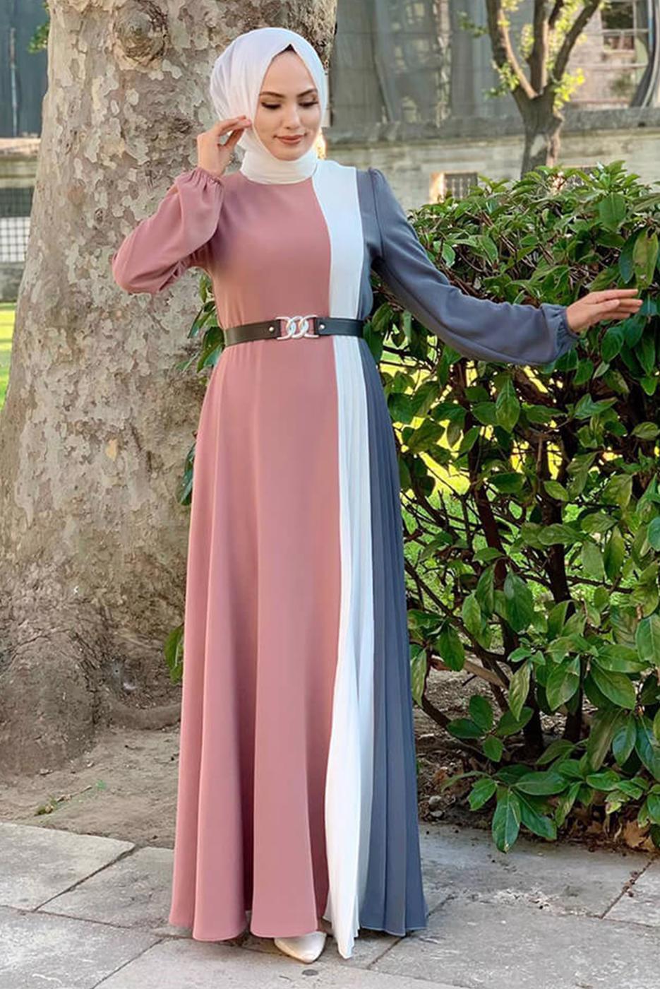Tesettür giyim GRİ ÜÇ RENKLİ PİLİSELİ ELBİSE T 2263
