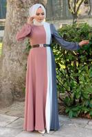 Tesettür giyim GRİ ÜÇ RENKLİ PİLİSELİ ELBİSE T 2263