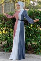 Tesettür giyim GRİ ÜÇ RENKLİ PİLİSELİ ELBİSE T 2263