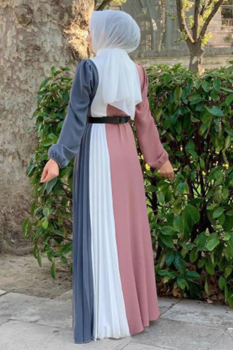 Tesettür giyim GRİ ÜÇ RENKLİ PİLİSELİ ELBİSE T 2263