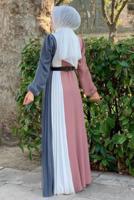 Tesettür giyim GRİ ÜÇ RENKLİ PİLİSELİ ELBİSE T 2263