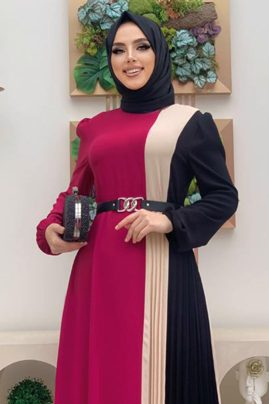 Tesettür giyim FUŞYA ÜÇ RENKLİ PİLİSELİ ELBİSE T 2263